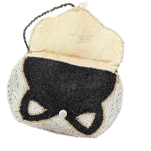 Vintage Beaded coin trinket Purse Black White Pattern Art Deco Chain Strap 5.5" - Picture 3 of 8